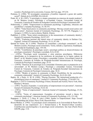 Bibliografía
(coords.), Psychologie de la conversión, Coussee, Del Val, págs. 197-218.
Perdomo, G. (1988): "El investigador comunitario ¿Científico imparcial o gestor del cambio
social?", Boletín de la AVEPSO, XI (1)34-43.
Prado, M. A. M. (1997); "A psicología e a utopia comunitaria na cransicao do mundo moderno",
en M. Montero (comp.), Psicología y co7iiunidad, Caracas, Universidad Central de
Venezuela, Comisión de Estudios de Postgrado-Comisión de Psicología Comunitaria-SIP.
Prillelcensky, I. (r994): "Empowerment in mainstream psychology: Legitimáey, obscacles and
possibilities", Canadian Psychology, 35, 58-375.
—— (2001): "Value-based praxis in community psychology: Moving coward social justice and
social action", American Journal of Community Psychology, 29, 747-778. Prigogine, I. y
Scengers, I. (1982); La nueva alianza, Madrid, Alianza.
Puddifoot, J. (1996): "Some initial considerations in the measuremenc of community identity",
Journal of Community Psychology, 24,327-337.
—— (2003): "Exploring personal and shared sense of community identity in Durham City,
England", Journal of Community Psychology, 31 (1), 87-106.
Quintal de Freitas, M. E (1994): "Prácticas en comunidad y psicología comunitaria", en M.
Montero (coord.), Psicología social comunitaria. Teoría, método y experiencia, Guadalajara,
Universidad de Guadalajara, págs. 139-166.
—— (1996): "Contribuitoes da psicología social e psicología política ao desenvolvimenco da
psicología comunitaria", Psicología e sociedade, 8 (1), 63-82.
—— (1997a): "Psicología social comunitaria y otras prácticas psicológicas. Diferencias
identificadas en la perspectiva de los profesores de psicología en la región sudeste de
Brasil", en M. Montero (comp.), Psicología y comunidad, Caracas, Universidad Central de
Venezuela, Comisión de Estudios de Postgrado-Sociedad Interamericana de Psicología,
Comisión de Psicología Comunitaria, págs. 25-35.
—— (1997b): "Prácticas de la psicología en la comunidad: Elementos para su preparación en la
universidad", en M. Montero (comp.), Psicología y comunidad. Caracas, Universidad
Central de Venezuela, Comisión de Estudios de Postgrado-Sociedad Interamericana de
Psicología, Comisión de Psicología Comunicaría, págs. 36-41.
—— (1998): "Models of practice in community in Brazil: Possibilities for the psychology-
community relationship", Journal of Community Psychology, 26 (3) 261-268.
Rapley, M. y Pretty, G. M. H. (1999): "Playing Procustes: The interactional producción of a
psychological sense of community", Journal of Community Psychology, 27 (6) 695-714.
Rappaport, J. (1977): Community Psychology (Values, Research and Action), Nueva York, Holc,
Rinehart y Winston.
—— (1981): "In praise of paradox: A social policy of empowerment over prevention", American
Journal of Community Psychology, 9 (1)1-26.
—— (1987a): "Terms of empowerment", American Journal of Community Psychology, 23 (5),
795-807.
—— (1987b): "Terms of empowerment. Exemplars of prevention: toward a theory for
community psychology", American Journal of Community Psychology, (15), 121-148.
Rappaport, J., Swifc, C. y Hess, R. (eds.) (1984): Studies in Empowerment: Steps Toward
Understanding and Action, Nueva York, Haworch Press.
Rivera-Medina, E. (1992): "La psicología social comunitaria en la Universidad de Puerto Rico:
desarrollo de una experiencia", en I. Serrano-García y W. Rosario-Collazo (coords.),
Contribuciones puertorriqueñas a la psicología social comunitaria. San Juan (Puerto Rico)
EDUPR, págs. 3-18.
153
 