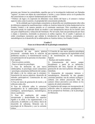 Maritza Montero Origen y desarrollo de la psicología comunitaria
personas que forman las comunidades, aquellas que en la investigación tradicional son llamadas
"sujetos", en tanto son objeto de conocimiento y acción, y cuyo carácter activo en la producción
del conocimiento es un aspecto fundamental para este modelo.
• Político: da lugar a la expresión de diferentes voces dentro del hacer y el conocer e incluye
aspectos tales como la autoría y la propiedad del conocimiento producido.
Se ha señalado que la psicología comunitaria se desarrolla casi simultáneamente (diez años
de diferencia separan las manifestaciones visibles en América latina de la fecha fundacional en los
Estados Unidos) y de manera paralela en el continente americano. Pero considerar que ese
desarrollo puede ser explicado desde un modelo o una interpretación únicos de los hechos sería
una gran simplificación y reducción del fenómeno. Por tal razón, haré una periodización por fases
o etapas o momentos, mostrando su presencia en ambas regiones. En el cuadro 2 aparecen en
orden cronológico momentos que señalan la introducción de temas teóricos, conceptuales y
metodológicos en el desarrollo de la subdisciplina en América latina y los Estados Unidos.
Cuadro 2
Fases en el desarrollo de la psicología comunitaria
América latina Estados Unidos
1) Generación de una nueva práctica
psicosocial orientada hacia la solución de
problemas sociales y la transformación social,
con participación de las personas involucradas.
Esto supone:
- Nuevos actores sociales.
- Nuevo rol para los psicólogos.
2) Fase de definición de una nueva
subdisciplina, la psicología social comunitaria
/ psicología comunitaria (definición del campo,
del objeto y de los valores que la orientan).
Generación de nuevas prácticas: desarrollo de
métodos participativos. Construcción de una
nueva práctica.
3) Fase de inicio de generación de teoría y de
reflexión sobre ella.
4) Fase de reflexión sobre la estructura
paradigmática de la subdisciplina (aspectos
ontológicos, epistemológicos, metodológicos,
éticos y políticos).
5) Fase de ampliación del campo,
incorporando y desarrollando los aspectos
ligados a la salud, a las organizaciones, a la
educación, al ambiente y a la clínica. Inicio de
desarrollo de subramas. Relación con la
psicología de la liberación y con la corriente
crítica.
1) Creación de una nueva práctica psicológica
que responde a exigencias de legitimidad social
y de transformación de las instituciones.
Supone:
- Rechazo del modelo médico.
2) Estructuración del nuevo campo
disciplinario a partir de su definición,
delimitación del área, fijación de valores,
generación de una nueva práctica. Divulgación
inmediata.
3) Generación de conceptos teóricos y
metodológicos. Desarrollo de dos grandes
corrientes paralelas: una de carácter ecológico-
cultural, con énfasis psicosocial. Otra de
carácter clínico preventivo con énfasis en los
aspectos de salud comunitaria.
4) Ampliación del campo con incorporación de
reflexión sobre la estructura paradigmática y
de las perspectivas freiriana y de la psicología
de liberación.
25
 