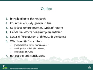 Outline
1. Introduction to the research
2. Countries of study, gender in law
3. Collective tenure regimes, types of reform...