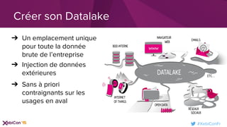 #XebiConFr
➔ Un emplacement unique
pour toute la donnée
brute de l’entreprise
➔ Injection de données
extérieures
➔ Sans à priori
contraignants sur les
usages en aval
Créer son Datalake
 
