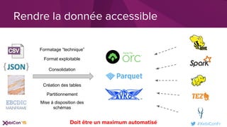 #XebiConFr
Rendre la donnée accessible
Formatage “technique”
Format exploitable
Création des tables
Consolidation
Partitionnement
Doit être un maximum automatisé
Mise à disposition des
schémas
 