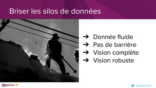 #XebiConFr
➔ Donnée fluide
➔ Pas de barrière
➔ Vision complète
➔ Vision robuste
Briser les silos de données
 