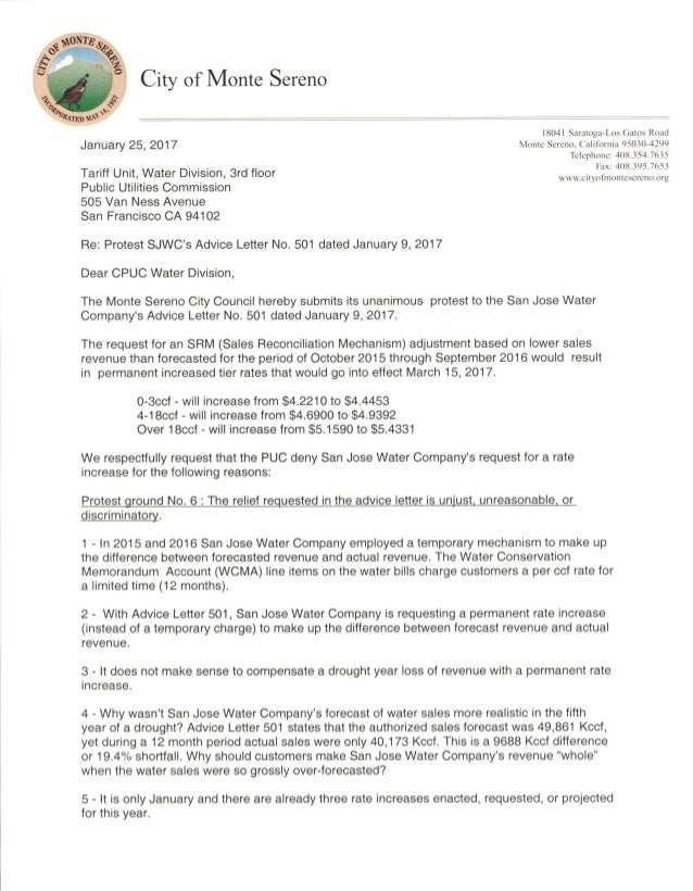 monte sereno 01 25 2017ltr to puc re sjwc rates advice ltr 501 rates increase letter