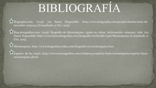 BIBLIOGRAFÍA
Biography.com, (2015). [en línea] Disponible: http://www.biography.com/people/charles-louis-de-
secondat-21292453 [Consultado 17 Oct. 2015].
Buscabiografias.com, (2015). Biografía de Montesquieu- quién es, obras, información, resumen, vida. [en
línea] Disponible: http://www.buscabiografias.com/biografia/verDetalle/1596/Montesquieu [Consultado 17
Oct. 2015].
Montesquieu, http://www.biografiasyvidas.com/biografia/m/montesquieu.htm
Espíritu de las Leyes, http://www.monografias.com/trabajos33/espiritu-leyes-montesquieu/espiritu-leyes-
montesquieu.shtml
 
