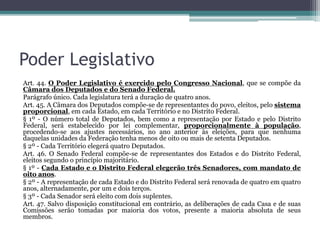 Poder Legislativo
Art. 44. O Poder Legislativo é exercido pelo Congresso Nacional, que se compõe da
Câmara dos Deputados e do Senado Federal.
Parágrafo único. Cada legislatura terá a duração de quatro anos.
Art. 45. A Câmara dos Deputados compõe-se de representantes do povo, eleitos, pelo sistema
proporcional, em cada Estado, em cada Território e no Distrito Federal.
§ 1º - O número total de Deputados, bem como a representação por Estado e pelo Distrito
Federal, será estabelecido por lei complementar, proporcionalmente à população,
procedendo-se aos ajustes necessários, no ano anterior às eleições, para que nenhuma
daquelas unidades da Federação tenha menos de oito ou mais de setenta Deputados.
§ 2º - Cada Território elegerá quatro Deputados.
Art. 46. O Senado Federal compõe-se de representantes dos Estados e do Distrito Federal,
eleitos segundo o princípio majoritário.
§ 1º - Cada Estado e o Distrito Federal elegerão três Senadores, com mandato de
oito anos.
§ 2º - A representação de cada Estado e do Distrito Federal será renovada de quatro em quatro
anos, alternadamente, por um e dois terços.
§ 3º - Cada Senador será eleito com dois suplentes.
Art. 47. Salvo disposição constitucional em contrário, as deliberações de cada Casa e de suas
Comissões serão tomadas por maioria dos votos, presente a maioria absoluta de seus
membros.
 