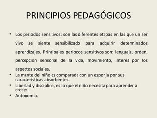 PRINCIPIOS PEDAGÓGICOS
• Los periodos sensitivos: son las diferentes etapas en las que un ser
   vivo   se   siente   sensibilizado   para   adquirir   determinados
   aprendizajes. Principales periodos sensitivos son: lenguaje, orden,
   percepción sensorial de la vida, movimiento, interés por los
  aspectos sociales.
• La mente del niño es comparada con un esponja por sus
  características absorbentes.
• Libertad y disciplina, es lo que el niño necesita para aprender a
  crecer.
• Autonomía.
 