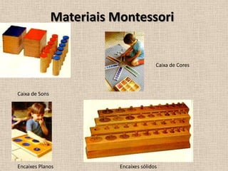 Materiais Montessori
Caixa de Sons
Caixa de Cores
Encaixes sólidosEncaixes Planos
 