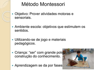 Método Montessori
 Objetivo: Prover atividades motoras e
sensoriais.
 Ambiente escola: objetivos que estimulem os
sentidos.
 Utilizando-se de jogo e materiais
pedagógicos.
 Criança: “ser” com grande potencial de
construção do conhecimento.
 Aprendizagem se da por fases.
 