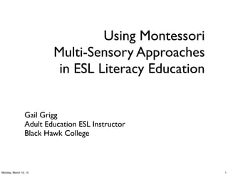 Using Montessori
Multi-Sensory Approaches
in ESL Literacy Education
Gail Grigg
Adult Education ESL Instructor
Black Hawk College
1Monday, March 10, 14
 