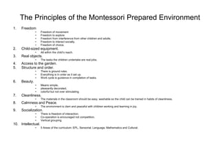 The Principles of the Montessori Prepared Environment
1. Freedom
• Freedom of movement
• Freedom to explore
• Freedom from interference from other children and adults.
• Freedom to interact socially.
• Freedom of choice.
2. Child-sized equipment.
• All within the child’s reach.
3. Real objects.
• The tasks the children undertake are real jobs.
4. Access to the garden.
5. Structure and order.
• There is ground rules.
• Everything is in order as it set up.
• Work cycle is guidance in completion of tasks.
6. Beauty.
• Means simple,
• pleasantly decorated,
• colorful but not over stimulating.
7. Cleanliness.
• The materials in the classroom should be easy, washable so the child can be trained in habits of cleanliness.
8. Calmness and Peace.
• The environment is clam and peaceful with children working and learning in joy.
9. Socialization.
• There is freedom of interaction.
• Co-operation is encouraged not competition.
• Vertical grouping.
10. Intellectual.
• 5 Areas of the curriculum: EPL, Sensorial, Language, Mathematics and Cultural.
 