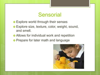 Sensorial
 Explore

world through their senses
 Explore size, texture, color, weight, sound,
and smell.
 Allows for individual work and repetition
 Prepare for later math and language

 