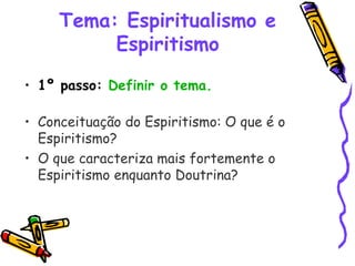 Tema: Espiritualismo e
Espiritismo
• 1º passo: Definir o tema.
• Conceituação do Espiritismo: O que é o
Espiritismo?
• O que caracteriza mais fortemente o
Espiritismo enquanto Doutrina?
 