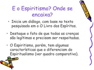 E o Espiritismo? Onde se
encaixa?
• Inicie um diálogo, com base no texto
pesquisado em o O Livro dos Espíritos.
• Destaque o fato de que todas as crenças
são legítimas e precisam ser respeitadas.
• O Espiritismo, porém, tem algumas
características que o diferenciam do
Espiritualismo (ver quadro comparativo).
 