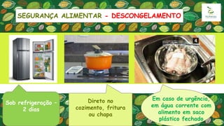 Direto no
cozimento, fritura
ou chapa
Sob refrigeração –
2 dias
Em caso de urgência,
em água corrente com
alimento em saco
plástico fechado
SEGURANÇA ALIMENTAR - DESCONGELAMENTO
 