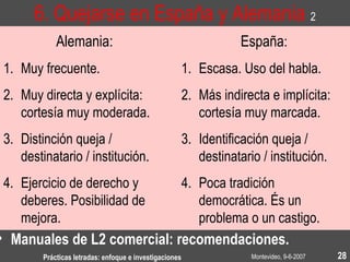 Montevideo, 9-6-2007Prácticas letradas: enfoque e investigaciones 28
6. Quejarse en España y Alemania 2
Alemania:
1. Muy frecuente.
2. Muy directa y explícita:
cortesía muy moderada.
3. Distinción queja /
destinatario / institución.
4. Ejercicio de derecho y
deberes. Posibilidad de
mejora.
España:
1. Escasa. Uso del habla.
2. Más indirecta e implícita:
cortesía muy marcada.
3. Identificación queja /
destinatario / institución.
4. Poca tradición
democrática. És un
problema o un castigo.
• Manuales de L2 comercial: recomendaciones.
 
