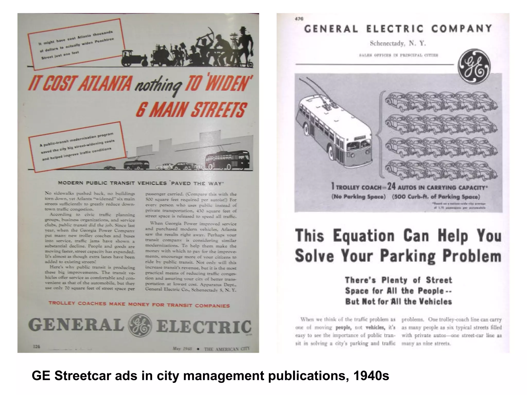 GE Streetcar ads in city management publications, 1940s 