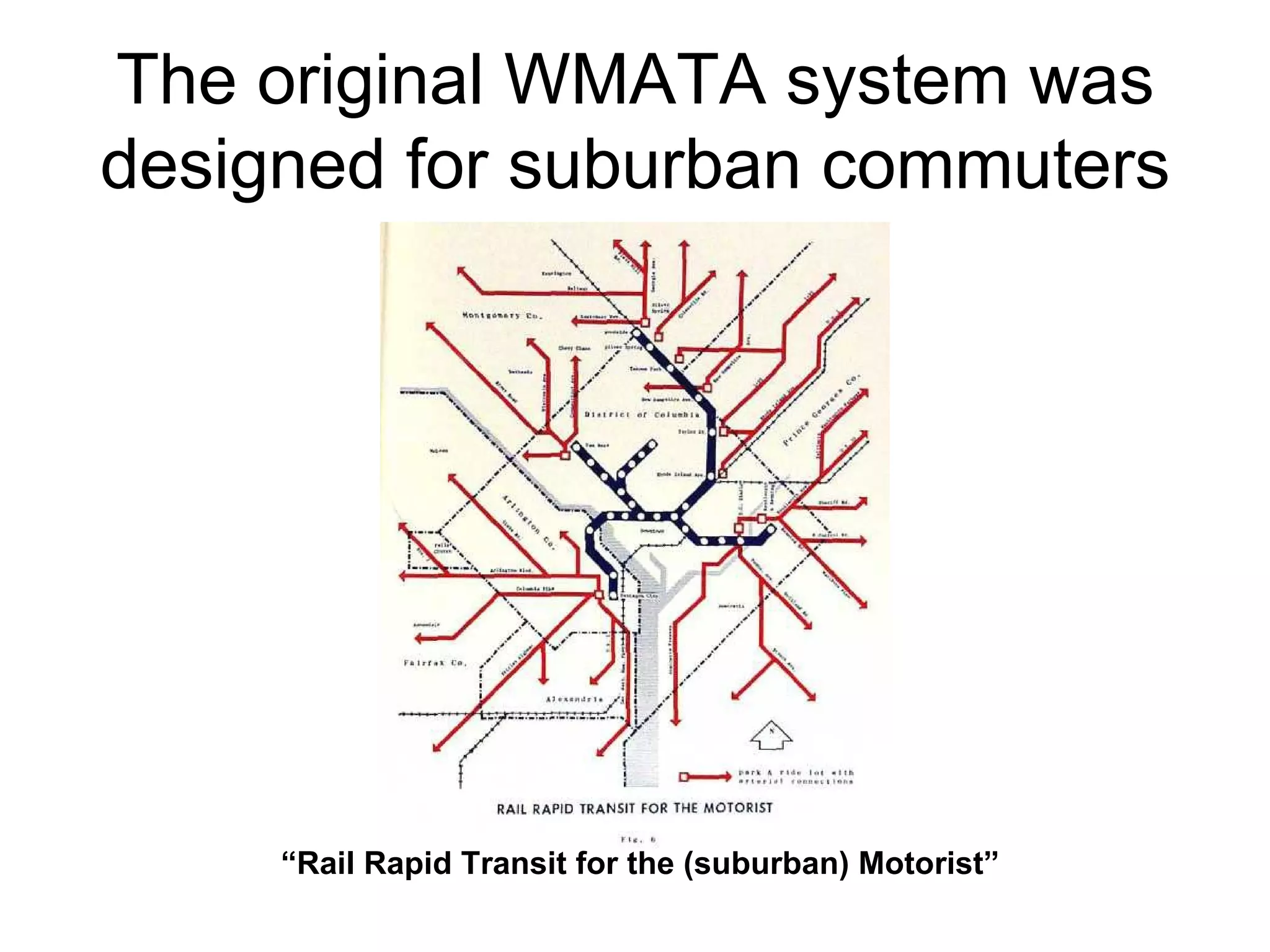 The original WMATA system was designed for suburban commuters “ Rail Rapid Transit for the (suburban) Motorist” 