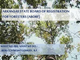 ARKANSAS STATE BOARD OF REGISTRATION 
FOR FORESTERS (ABORF) 
WHAT WE ARE, WHAT WE DO… 
-REBECCA MONTGOMERY, R.F. 
 