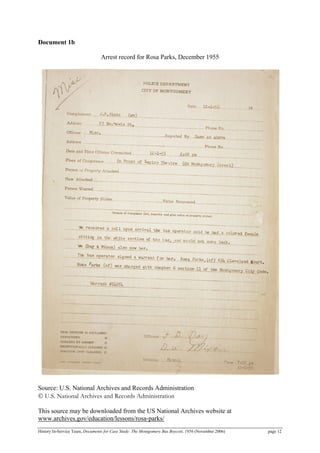 Document 1b
Arrest record for Rosa Parks, December 1955
Source: U.S. National Archives and Records Administration
© U.S. National Archives and Records Administration
This source may be downloaded from the US National Archives website at
www.archives.gov/education/lessons/rosa-parks/
History In-Service Team, Documents for Case Study: The Montgomery Bus Boycott, 1956 (November 2006) page 12
 