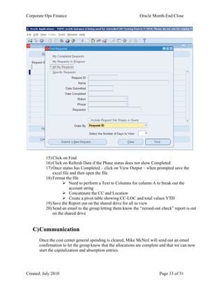 Corporate Ops Finance Oracle Month-End Close
Created: July 2010 Page 33 of 51
15) Click on Find
16) Click on Refresh Data if the Phase status does not show Completed
17) Once status has Completed – click on View Output – when prompted save the
excel file and then open the file
18) Format the file
 Need to perform a Text to Columns for column A to break out the
account string
 Concatenate the CC and Location
 Create a pivot table showing CC-LOC and total values YTD
19) Save the Report out on the shared drive for all to view
20) Send an email to the group letting them know the “zeroed-out check” report is out
on the shared drive
C)Communication
Once the cost center general spending is cleared, Mike McNeil will send out an email
confirmation to let the group know that the allocations are complete and that we can now
start the capitalization and absorption entries.
 