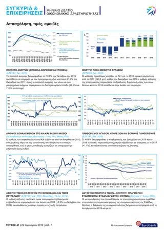 TEYXΟΣ 41 | 22 Ιανουαρίου 2019 | σελ. 7 Με την ευγενική χορηγία:
Απασχόληση, τιμές, αμοιβές
ΠΟΣΟΣΤΟ ΑΝΕΡΓΙΑΣ (ΕΠΟΧΙΚΑ ΔΙΟΡΘΩΜΕΝΑ ΣΤΟΙΧΕΙΑ)
(ΕΛΣΤΑΤ, Οκτ. 2018)
ΙΣΟΖΥΓΙΟ ΡΟΩΝ ΜΙΣΘΩΤΗΣ ΕΡΓΑΣΙΑΣ
(ΕΡΓΑΝΗ, Δεκ. 2018)
Το ποσοστό ανεργίας διαμορφώθηκε σε 18,6% τον Οκτώβριο του 2018,
αμετάβλητο σε σύγκριση με τον προηγούμενο μήνα και έναντι 21,0% τον
Οκτώβριο του 2017, όμως το ποσοστό ανεργίας των νέων και των
μακροχρόνια ανέργων παραμένουν σε ιδιαίτερα υψηλό επίπεδο (38,5% και
71,8% αντίστοιχα).
Οι καθαρές προσλήψεις ανήλθαν σε 141 χιλ. το 2018, οριακά χαμηλότερα
από το 2017 (143,5 χιλ.), καθώς τον Δεκέμβριο του 2018 ο ρυθμός αύξησης
της απασχόλησης παρουσίασε επιβράδυνση. Σημαντικό μέρος των νέων
θέσεων κατά το 2018 αποδίδεται στην άνοδο του τουρισμού.
ΑΡΙΘΜΟΣ ΑΣΦΑΛΙΣΜΕΝΩΝ ΣΤΟ ΙΚΑ ΚΑΙ ΒΑΣΙΚΟΙ ΜΙΣΘΟΙ
(% μεταβολή με αντίστοιχο μήνα προηγ. έτους, ΙΚΑ, Μάιος 2018)
ΠΛΗΘΩΡΙΣΜΟΣ ΑΓΑΘΩΝ, ΥΠΗΡΕΣΙΩΝ ΚΑΙ ΔΟΜΙΚΟΣ ΠΛΗΘΩΡΙΣΜΟΣ
(ΕΛΣΤΑΤ, Δεκ. 2018)
Ο αριθμός των ασφαλισμένων στο ΙΚΑ αυξάνεται από τον Απρίλιο του 2013,
ενδεχομένως λόγω και της μετατόπισης από αδήλωτη σε επίσημη
απασχόληση, ενώ οι μέσες αποδοχές συνεχίζουν να υποχωρούν με
μικρότερο όμως ρυθμό.
Σε +0,6% διαμορφώθηκε ο πληθωρισμός τον Δεκέμβριο του 2018 και το
2018 συνολικά, παρουσιάζοντας μικρή επιβράδυνση σε σύγκριση με το 2017
(+1,1%), καταδεικνύοντας υποτονική αύξηση της ζήτησης.
ΔΕΙΚΤΗΣ ΤΙΜΩΝ ΕΙΣΑΓΩΓΩΝ ΣΤΗ ΒΙΟΜΗΧΑΝΙΑ ΚΑΙ ΤΙΜΕΣ
ΠΕΤΡΕΛΑΙΟΥ (ΕΛΣΤΑΤ, Νοε. 2018, Bloomberg, 14 Ιαν. 2019)
ΑΝΤΑΓΩΝΙΣΤΙΚΟΤΗΤΑ ΤΙΜΩΝ – ΚΟΣΤΟΥΣ: ΠΡΑΓΜΑΤΙΚΗ
ΣΤΑΘΜΙΣΜΕΝΗ ΣΥΝΑΛΛΑΓΜΑΤΙΚΗ ΙΣΟΤΙΜΙΑ (Eurostat, Γ’ 3μηνο 2018)
Ο ρυθμός αύξησης του δείκτη τιμών εισαγωγών στη βιομηχανία
επιβραδύνεται σημαντικά από τον Ιούνιο του 2018 (+3,3% τον Νοέμβριο του
2018), ακολουθώντας ανάλογη πορεία με τις τιμές πετρελαίου.
Οι μεταρρυθμίσεις που προωθήθηκαν τα τελευταία χρόνια έχουν συμβάλει
στην ανάκτηση σημαντικού μέρους της ανταγωνιστικότητας της Ελλάδας.
Ωστόσο, η βελτίωση της ανταγωνιστικότητας δείχνει να αντιστρέφεται από το
4ο τρίμηνο του 2016 και μετά.
 