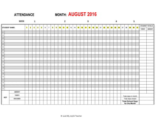 ATTENDANCE MONTH: AUGUST 2016
© 2016 My Joyful Teacher
STUDENT NAME: 1 2 3 4 5 6 7 8 9 10 11 12 13 14 15 16 17 18 19 20 21 22 23 24 25 26 27 28 29 30 31
STUDENT TOTALS
TARDY ABSENT
01
02
03
04
05
06
07
08
09
10
11
12
13
14
15
16
17
18
19
20
KEY
ABSENT
TARDY
Total days in month
EXCUSED Total days closed
Total School Days
for the Month
1 2 3 4 5
WEEK
 