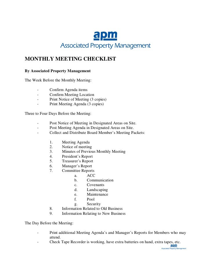 monthly board of directors meeting checklist for community treasurer s report agm template