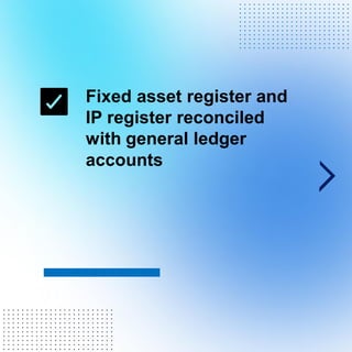 Fixed asset register and
IP register reconciled
with general ledger
accounts
. . . . . . . . . . . . . . . . . . . . . . . .
. . . . . . . . . . . . . . . . . . . . . . . .
. . . . . . . . . . . . . . . . . . . . . . . .
. . . . . . . . . . . . . . . . . . . . . . . .
. . . . . . . . . . . . . . . . . . . . . . . .
. . . . . . . . . . . . . . . . . . . . . . . .
. . . . . . . . . . . . . . . . . . . . . . . .
. . . . . . . . . . . . . . . . . . . . . . . .
. . . . . . . . . . . . . . . . . . . . . . . .
. . . . . . . . . . . . . . . . . . . . . . . .
. . . . . . . . . . . . . . . . . . . . . . . .
. . . . . . . . . . . . . . . . . . . . . . . .
. . . . . . . . . . . . . . . . . . . . . . . .
. . . . . . . . . . . . . . . . . . . . . . . .
. . . . . . . . . . . . . . . . . . . . . . . .
. . . . . . . . . . . . . . . . . . . . . . . .
. . . . . . . . . . . . . . . . . . . . . . . .
. . . . . . . . . . . . . . . . . . . . . . . .
. . . . . . . . . . . . . . . . . . . . . . . .
. . . . . . . . . . . . . . . . . . . . . . . .
. . . . . . . . . . . . . . . . . . . . . . . .
 