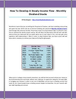 How To Develop A Steady Income Flow - Monthly
                Dividend Stocks
_____________________________________________________________________________________

                       BY Dominguez – http://monthlydividendstocks.net/



Sometimes it seems that you are settling into the groove of business, and then something comes along
and upsets the boat. All the old vets of internet marketing who pioneered Monthly Dividend Stocks
went through that and know the deal. The primary reason for using freelance help is to allow for more
time on activities that directly impact revenue. We will delve into alternatives that will work well with
what we have just mentioned. But we would caution you to learn about it, first, and even gain some
experience with implementing it. When it comes to using freelance help, you have to plan well and
know what is necessary to increase your chances of hiring the right people.




When you're in college or have recently moved out, you will find that you tend to blow your money on
food and entertainment much faster without even realizing it. As opposed to doing this, be responsible
in managing your finances in order to stay out of debt.Make sure you have a checking account that
works for you. Several people keep a checking account despite increased fees. Do your research with
your bank regarding your account.
 