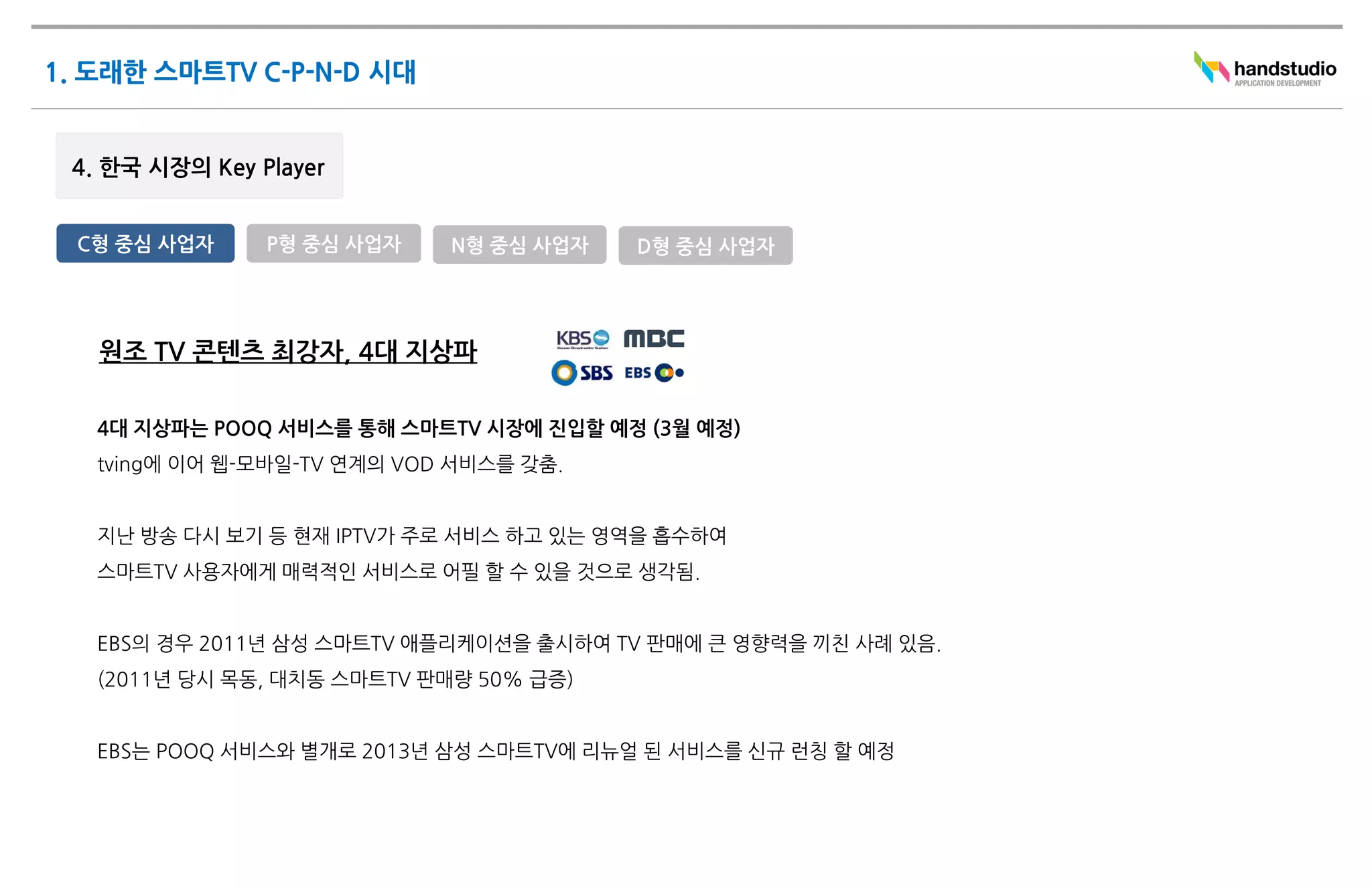 C형 중심 사업자    P형 중심 사업자     N형 중심 사업자   D형 중심 사업자




 원조 TV 콘텐츠 최강자, 4대 지상파

 4대 지상파는 POOQ 서비스를 통해 스마트TV 시장에 진입할 예정 (3월 예정)
 tving에 이어 웹-모바일-TV 연계의 VOD 서비스를 갖춤.


 지난 방송 다시 보기 등 현재 IPTV가 주로 서비스 하고 있는 영역을 흡수하여
 스마트TV 사용자에게 매력적인 서비스로 어필 할 수 있을 것으로 생각됨.


 EBS의 경우 2011년 삼성 스마트TV 애플리케이션을 출시하여 TV 판매에 큰 영향력을 끼친 사례 있음.
 (2011년 당시 목동, 대치동 스마트TV 판매량 50% 급증)


 EBS는 POOQ 서비스와 별개로 2013년 삼성 스마트TV에 리뉴얼 된 서비스를 신규 런칭 할 예정
 
