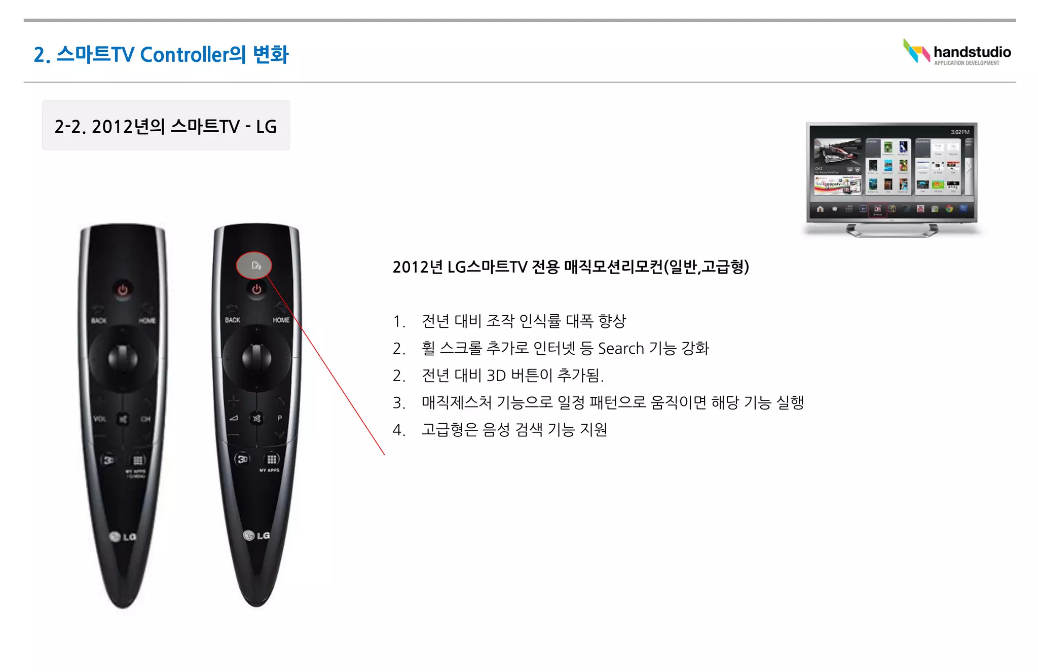 2012년 LG스마트TV 전용 매직모션리모컨(일반,고급형)


1.   전년 대비 조작 인식률 대폭 향상
2.   휠 스크롤 추가로 인터넷 등 Search 기능 강화
2.   전년 대비 3D 버튼이 추가됨.
3.   매직제스처 기능으로 일정 패턴으로 움직이면 해당 기능 실행
4.   고급형은 음성 검색 기능 지원
 