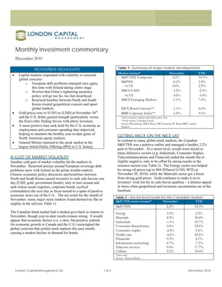 Monthly investment commentary
     December 2010

                                                                             Table 1– Summary of major market developments
                 NOVEMBER HIGHLIGHTS
                                                                             Market returns*                            November                   YTD
      Capital markets responded with volatility to renewed
                                                                               S&P/TSX Composite                           2.2%                    10.3%
       global concerns:
            o European debt problems emerged once again,                       S&P500                                      -0.2%                   5.9%
                 this time with Ireland taking centre stage.                    - in C$                                    0.6%                    2.9%
            o Worries that China’s tightening monetary                         MSCI EAFE                                   -1.2%                   -2.5%
                 policy will go too far, too fast resurfaced.                   - in C$                                    -4.6%                   -5.4%
            o Renewed hostility between North and South                        MSCI Emerging Markets                       -1.1%                   7.0%
                 Korea created geopolitical concern and upset
                 global markets.                                               DEX Bond Universe**                         -1.1%                   6.6%
      Gold prices rose to $1385/oz (USD) at November 30th                     BBB Corporate Index**                       -1.2%                   9.1%
       and the U.S. dollar gained strength (particularly versus                *local currency (unless specified); price only
       the Euro) after finding favour with jittery investors.                  **total return, Canadian bonds
                                                                               Source: Bloomberg, MSCI Barra, NB Financial, PC Bond, RBC Capital
      A more positive tone took hold for the U.S. economy as                  Markets
       employment and consumer spending data improved,
       helping to maintain the healthy year-to-date gains of
                                                                            GETTING BACK ON THE NICE-LIST
       North American equity markets.
                                                                            In contrast to many global stock markets, the Canadian
      General Motors returned to the stock market in the
                                                                            S&P/TSX was a positive outlier and managed a healthy 2.2%
       largest Initial Public Offering (IPO) in U.S. history.
                                                                            gain in November. At a sector level, results were mixed as
                                                                            many defensive sectors (e.g. Industrials, Consumer Staples,
A GUST OF MARKET VOLATILITY                                                 Telecommunications and Financial) ended the month flat or
Another cold gust of market volatility hit the markets in                   slightly negative, only to be offset by strong results in the
November. Renewed anxiety around European sovereign debt                    resource sectors (see Table 2). The Energy sector was helped
problems (now with Ireland as the prime trouble-maker),                     by strong oil prices (up to $84.20/barrel (USD, WTI) at
Chinese economic policy directions and hostilities between                  November 30, 2010), while the Materials sector got a boost
North and South Korea caused investors to seek safe-havens one              from strong gold prices. Gold continues to make it on to
day (USD, gold, government bonds), only to turn around and                  investors’ wish list for its safe-haven qualities – a distinct appeal
seek riskier assets (equities, corporate bonds, cyclical                    in times when geopolitical and economic uncertainties are at the
commodities) the next day as focus turned to a spate of positive            forefront.
economic news out of the U.S.. The net result for the month of
                                                                           Table 2 - Sector level results for the Canadian market
November: many major stock markets found themselves flat or                S&P/TSX sector returns*         November         YTD
slightly in the red (see Table 1).
                                                                           S&P/TSX                                    2.2%                    10.3%
The Canadian bond market had a modest give-back in returns in              Energy                                     3.5%                     2.5%
November, though year-to-date results remain strong. It would              Materials                                  4.9%                    30.0%
appear that economic factors (i.e. a slow, but positive outlook            Industrials                               -1.1%                    10.7%
for economic growth in Canada and the U.S.) outweighed the                 Consumer discretionary                     0.6%                    18.6%
global concerns that jostled stock markets this past month,                Consumer staples                          -2.4%                    5.6%
causing a modest decline in demand for bonds.
                                                                           Health care                               -4.6%                    42.6%
                                                                           Financials                                 0.3%                     4.1%
                                                                           Information technology                     6.7%                    -7.3%
                                                                           Telecom services                           0.4%                    17.7%
                                                                           Utilities                                  2.2%                    10.0%
                                                                           *price only
                                                                           Source: National Bank



     London Capital Management Ltd.                               1 of 2                                                                 December 2010
 