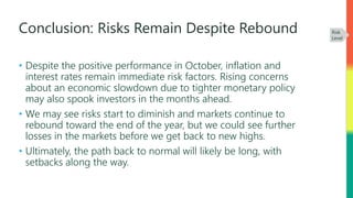 Conclusion: Risks Remain Despite Rebound
• Despite the positive performance in October, inflation and
interest rates remain immediate risk factors. Rising concerns
about an economic slowdown due to tighter monetary policy
may also spook investors in the months ahead.
• We may see risks start to diminish and markets continue to
rebound toward the end of the year, but we could see further
losses in the markets before we get back to new highs.
• Ultimately, the path back to normal will likely be long, with
setbacks along the way.
Source: Institute for Supply Management, Haver Analytics
Risk
Level
 