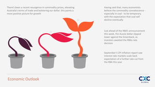 There’s been a recent resurgence in commodity prices, elevating
Australia’s terms of trade and bolstering our dollar: this paints a
more positive picture for growth
Economic Outlook
Having said that, many economists
believe the commodity convalescence -
especially in coal - to be temporary,
with the expectation that coal will
decline eventually
September’s CPI inflation report saw
interest rate markets scale back
expectation of a further rate cut from
the RBA this year
Just ahead of the RBA’s announcement
this week, the Aussie dollar slipped
lower against the Greenback, as
investors awaited the RBAs rate
decision
 