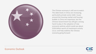 The Chinese economy is still one to watch.
The debt levels in China are increasing,
particularly private sector debt. Issues
around the housing market and housing
bubble in China are important, but the
Chinese Government has still got a strong
hand to play in the adoption of new
economic policies which could see about
$250 billion worth of investment activity
occur, and help stabilise the Chinese
economy going forward
Economic Outlook
 