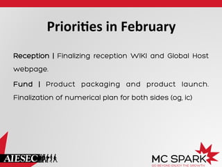 Priori%es	
  in	
  February	
  
Reception | Finalizing reception WIKI and Global Host
webpage.
Fund | Product packaging and product launch.
Finalization of numerical plan for both sides (og, ic)

 