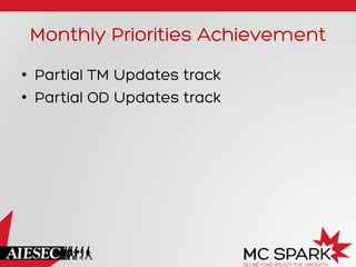 Monthly Priorities Achievement
•  Partial TM Updates track
•  Partial OD Updates track

 