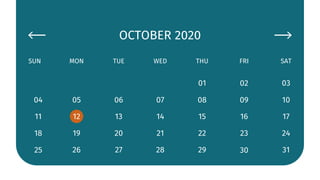 OCTOBER 2020
SUN MON TUE WED THU FRI SAT
04
11
18
25
05
12
19
26
06
13
20
27
07
14
21
28
01
08
15
22
29
02
09
16
23
30
03
10
17
24
31
 