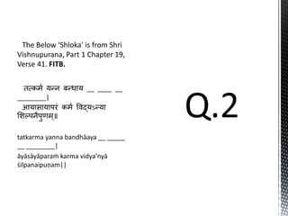 The Below ‘Shloka’ is from Shri
Vishnupurana, Part 1 Chapter 19,
Verse 41. FITB.
तत्कर्म यन्न बन्धाय __ ____ __
________|
आयासायापरं कर्म विद्यऽन्या
शिल्पनैपुणर््॥
tatkarma yanna bandhāaya __ _____
__ ________|
āyāsāyāparaṁ karma vidya’nyā
śilpanaipuṇam||
 