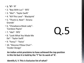  1. “X”- ‘Y’
 2. “Boy With Luv”- ‘BTS’
 3. “Me!”- ‘Taylor Swift’
 4. “Kill This Love”- ‘Blackpink’
 5. “Thank U, Next”- ‘Ariana
Grande’
 6. “Chewbacca Mask Lady”-
‘Candace Payne’
 7. “Idol”- ‘BTS’
 8. “Look What You Made Me
Do”- ‘Taylor Swift’
 9. “Fancy”- ‘Twice’
 10. “Massive Pillow Chair”-
‘Insider Design’
An Indian artist proclaims to have achieved the top position
in this list but it is held by the ‘Y’ for its work of ‘X’.
Identify X, Y. This is Exclusive list of what?
 