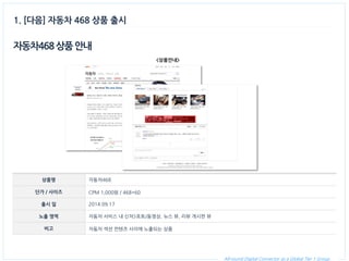 All-round Digital Connector as a Global Tier 1 Group. 
자동차468 상품 안내 
상품명 
자동차468 
단가 / 사이즈 
CPM 1,000원 / 468*60 
출시 일 
2014.09.17 
노출 영역 
자동차 서비스 내 신차>포토/동영상, 뉴스 뷰, 리뷰 게시판 뷰 
비고 
자동차 섹션 컨텐츠 사이에 노출되는 상품 
<상품안내> 
1. [다음] 자동차 468 상품 출시  