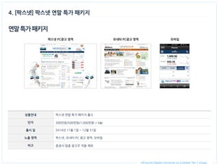All-round Digital Connector as a Global Tier 1 Group. 
연말 특가 패키지 
상품안내 
팍스넷 연말 특가 패키지 출시 
단가 
300만원/500만원/1,000만원 (1개월) 
출시 일 
2014년 11월 1일 ~ 12월 31일 
노출 영역 
팍스넷, 모네타 PC 광고 영역, 모바일 
비고 
증권사 업종 광고주 적용 제외 
4. [팍스넷] 팍스넷 연말 특가 패키지 
팍스넷 PC광고 영역 
모바일 
모네타 PC광고 영역  