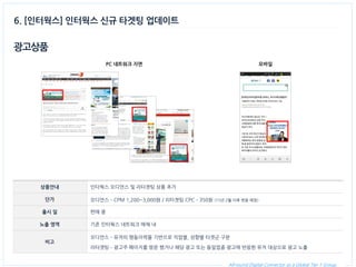 All-round Digital Connector as a Global Tier 1 Group. 
광고상품 
상품안내 
인터웍스 오디언스 및 리타겟팅 상품 추가 
단가 
오디언스 – CPM 1,200~3,000원 / 리타겟팅 CPC – 350원 (15년 2월 이후 변동 예정) 
출시 일 
판매 중 
노출 영역 
기존 인터웍스 네트워크 매체 내 
비고 
오디언스 – 유저의 행동이력을 기반으로 직업별, 성향별 타겟군 구분 
리타겟팅 – 광고주 페이지를 방문 했거나 해당 광고 또는 동일업종 광고에 반응한 유저 대상으로 광고 노출 
PC 네트워크 지면 
6. [인터웍스] 인터웍스 신규 타겟팅 업데이트 
모바일  