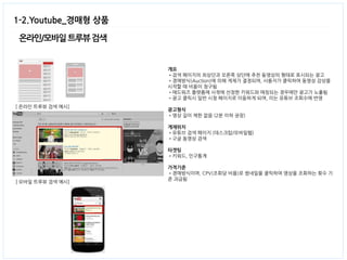 온라인/모바일 트루뷰 검색 
1-2.Youtube_경매형 상품 
개요 
•검색 페이지의 최상단과 오른쪽 상단에 추천 동영상의 형태로 표시되는 광고 
•경매방식(Auction)에 의해 게재가 결정되며, 사용자가 클릭하여 동영상 감상을 시작할 때 비용이 청구됨 
•애드워즈 플랫폼에 사젂에 선정한 키워드와 매칭되는 경우에만 광고가 노출됨 
•광고 클릭시 일반 시청 페이지로 이동하게 되며, 이는 유튜브 조회수에 반영 
광고형식 
•영상 길이 제한 없음 (2분 이하 권장) 
게재위치 
•유튜브 검색 페이지 (데스크탑/모바일웹) 
•구글 동영상 검색 
타겟팅 
•키워드, 인구통계 
가격기준 
•경매방식이며, CPV(조회당 비용)로 썸네일을 클릭하여 영상을 조회하는 횟수 기준 과금됨 
[ 온라인 트루뷰 검색 예시] 
[ 모바일 트루뷰 검색 예시]  