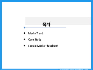 All-round Digital Connector as a Global Tier 1 Group. 
목차 
Media Trend 
Case Study 
Special Media - facebook  