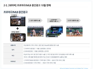 All-round Digital Connector as a Global Tier 1 Group. 
2-2. [네이버] 프로야구/MLB 중간광고 10월 판매 
프로야구/MLB 중간광고 
상품소개 
이닝 종료 후 / 투수 교체 시, 중간 광고 Break에 동영상 광고 노출 
단가 
1) 프로야구 중간광고 : 10월 3,000만원 x 28구좌 
2) MLB 중간광고 : 10월 2,000만원 x 20구좌 
비고 
이닝과 이닝 사이 1분 간의 TV광고 노출 시, 각각 다른 광고주의 15초 동영상 소재가 4회 노출 
1회 초 / 9회 말을 제외한 총16번의 이닝 간 광고 시간을 활용하여 노출되는 형태 
프로모션 
1) 프로야구&MLB 중간광고 1구좌씩 동시 구매시→ MLB 2구좌 서비스 제공 
2) MLB 중간광고 1구좌 구매시 → MLB 1구좌 서비스 제공 
PC생중계 
모바일 생중계 
① 경기 생중계 노출 
② 중간광고 동영상 노출 x 4 
③ 경기 생중계 노출  