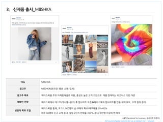 All-round Digital Connector as a Global Tier 1 Group. 
3. 신제품 출시_MIISHKA 
Title 
MIISHKA 
광고주 
MIISHKA(온라인 패션 소매 업체) 
광고주 목표 
페이스북을 주요 마케팅채널로 이용, 충성도 높은 고객 기반으로 제품 판매하는 비즈니스 기반 마련 
캠페인 전략 
페이스북에서 테스트(게시물+광고) 후 웹사이트 오픈페이스북과 웹사이트를 연동 구매 유도, 고객 참여 증대 
성공적 목표 도달 
페이스북을 통해, 초기 1,000명의 순 구매자 확보/재구매율 30~40% 
매주 60명의 신규 고객 증대, 설립 2년차 판매율 300% 증대/ 8만명 이상의 팬 확보 
<출처:facebook for business_성공사례 재정리>  