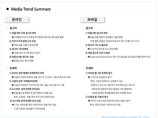 All-round Digital Connector as a Global Tier 1 Group. 
Media Trend Summary 
온라인 
모바일 
-광고비 1) 전월 대비 소폭 광고비 하락 가정용전기전자,교육및 복지후생,제약 및 의료 업종 영향 2) TOP10 6개 업체 신규 진입 게임,금융,자동차 업체 영향 3) 광고비 1위:위메프  전월 대비 약 2배 광고비 증가 4) 유튜브,KBS 광고비 상승 동영상 광고 증가 영향 
-광고비 1) 전월 대비 광고비 하락 금융,유통,컴퓨터.정보통신 업종 영향 반면,출판 업종은 유일하게 광고비 증가 진행(시즌 이슈) 2) 광고비 1위 :GS홈쇼핑 지속적인 모바일 First 전략 영향 3) 게임 광고주 TOP10 랭크 Supercell,machinezone,넥슨,네시삼십분 상위 랭크(여름 방학 이슈) 
-트래픽 1) 온라인 상위 매체의 트래픽(PV) 하락 다음의 트래픽 하락세 전월 대비 약 14%로 가장 큰 폭으로 하락 2) 구글의 검색 트래픽(PV)하락 구글의 트래픽이 지속적으로 하락, 8월 가장 낮은 PV 기록 3) 뉴스섹션 검색 트래픽 (PV)감소 전월 월드컵 영향으로 증가했던 PV 8월 감소 반면, ZUM은 전월 대비 약 8.4% 트래픽 증가 4) 뉴스섹션 검색 트래픽 (UV) 상승 U.V는 네이트를 제외 전반적으로 전월 대비 상승 그 중 ZUM의 상승율이 가장 높았음. 
-트래픽 1) 모바일 웹 기준 트래픽 증가 11번가의 순방문자 증가 반면, 구글과 유튜브는 순방문자 감소 (유튜브는 2014년 1월 부터 지속적인 감소 추이 유튜브에 집중되어 있던 동영상 시청 형태에서 다양한 동영상 매체를 통한 분산 현상을 보임.) 2) 모바일 앱 이용자 증가 카카오스토리 제외 전반적인 앱 순이용자 증가 특히, 밴드의 경우 지속적으로 성장  