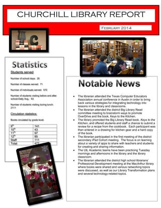 Students served
Number of school days: 20
Number of classes served: 71
Number of individuals served: 570
Number of students visiting before and after
school-Daily Avg.: 63
Number of students visiting during lunch:
2111
Circulation statistics:
Books circulated by grade level:
9th
141
10th
43
11th
97
12th
85
Staff 111
Total 477
CHURCHILL LIBRARY REPORT
February 2014
 The librarian attended the Texas Computer Educators
Association annual conference in Austin in order to bring
back various strategies for integrating technology into
lessons in the library and classrooms.
 The librarian attended the district Big Library Read
committee meeting to brainstorm ways to promote
OverDrive and the book, Keys to the Kitchen.
 The library promoted the Big Library Read book, Keys to the
Kitchen, and offered students and staff a chance to submit a
review for a recipe from the cookbook. Each participant was
then entered in a drawing for kitchen gear and a hard copy
of the book.
 The librarian participated in the first meeting of the district
secondary iPad Cohort meeting. The focus is on learning
about a variety of apps to share with teachers and students
for creating and sharing information.
 The UIL Academic teams have been practicing Tuesday
mornings and afternoons in the library and the library
classroom.
 The librarian attended the district high school librarians’
Professional Development meeting at the MacArthur library
where books were shared and various networking topics
were discussed, as well as our Library Transformation plans
and several technology-related topics.
 