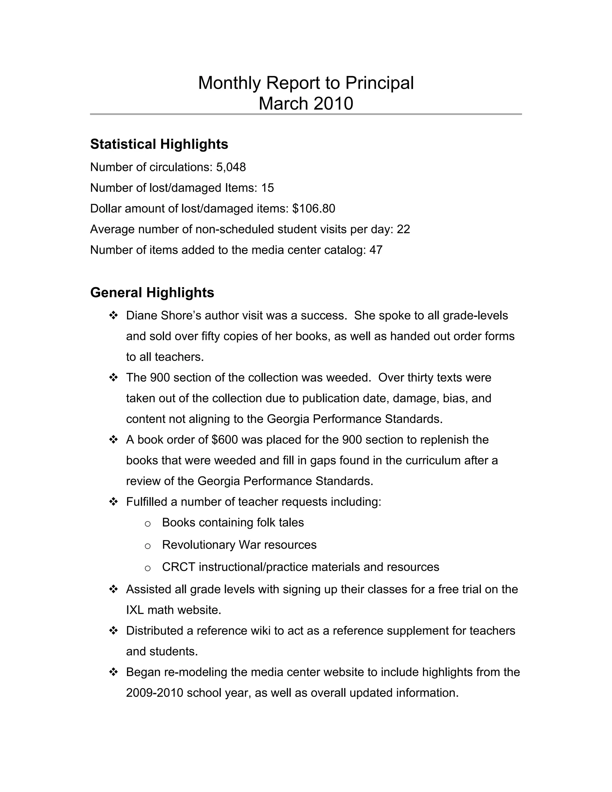 Monthly Report To Principal | DOC